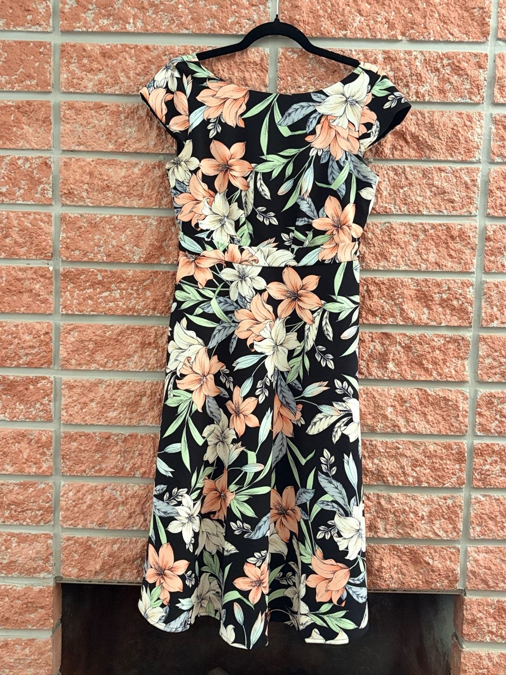 Maggy London Black Floral Fit-and-Flare Dress with Peach and Cream Blooms